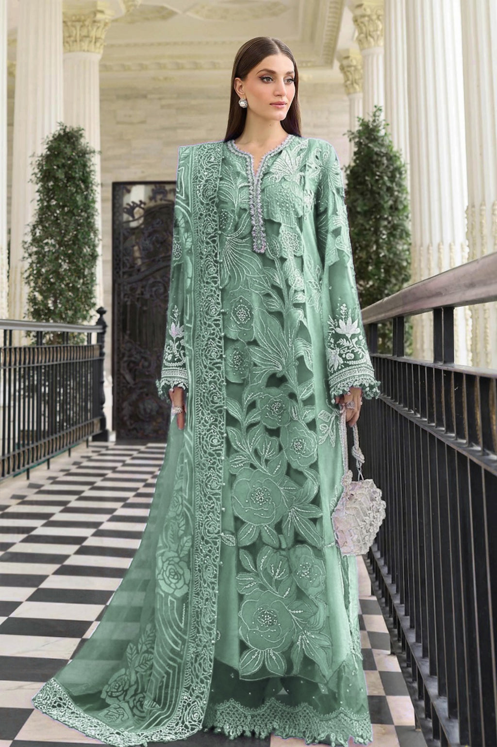 High-Quality Embroidered Mint Green Dhanak Suit - Maria B Winter Design